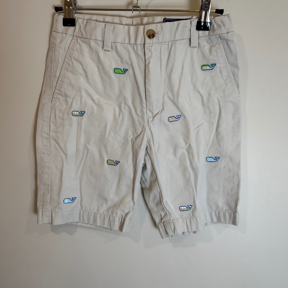 Vineyard Vines Boys Whale Embroidered Chino Shorts Size 8 Beige Summer